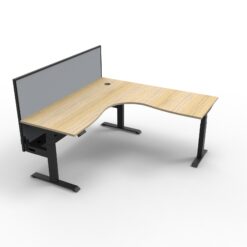 Boost+ Corner workstation with privacy screen and cable tray - 1500x1500 size - Natural oak top and black frame