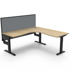 Boost Static Corner Workstation with privacy screen 1500x1500 - Natural oak top and black frame