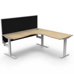 Boost Static Corner Workstation with privacy screen 1500x1500 - Natural oak top and white frame