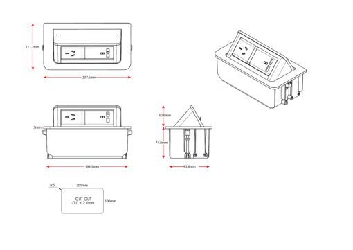 Line Drawings - Pop Up Power 1 x GPO & 2 x USB
